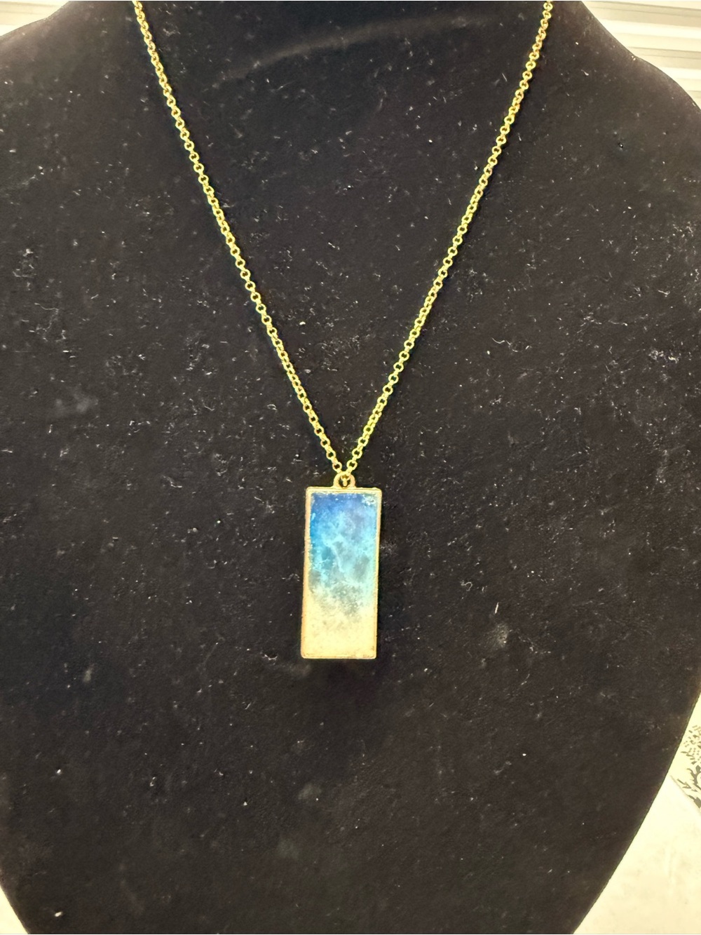 Gold Bar Pendant Necklace with Blue Gradient Inlay